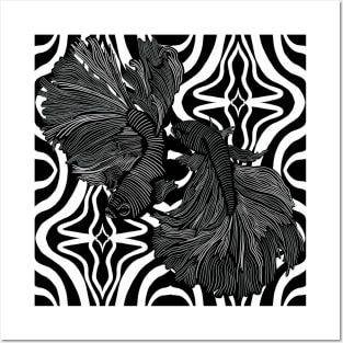 Two Betta Fish on Black and White Pattern Posters and Art